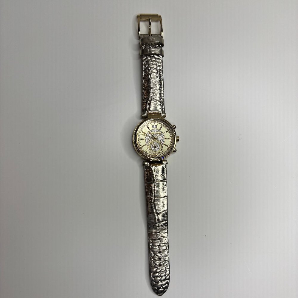 Michael Kors MK2444 Sawyer Gold Tone Chronograph Watch Croc Embossed Leather EUC